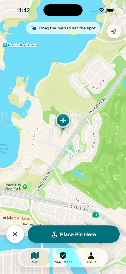 Newport Paw Safety iOS app — dragging the map to place a pin
