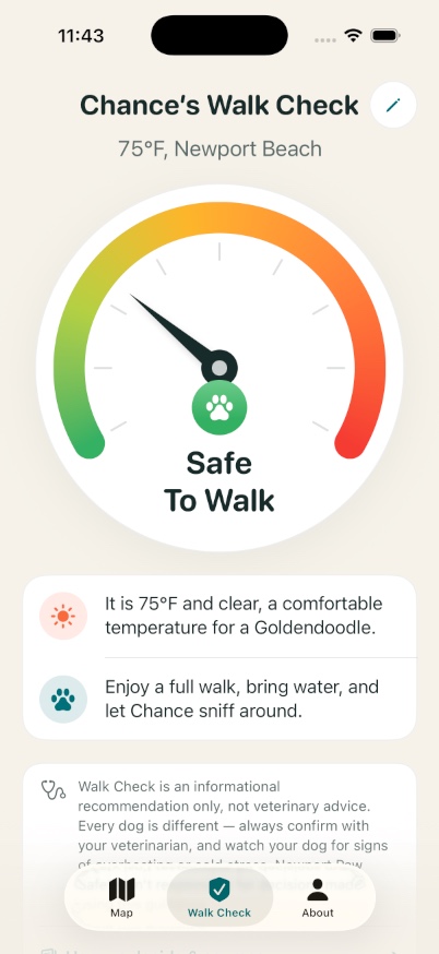 Newport Paw Safety iOS app — Walk Check showing a Safe To Walk verdict