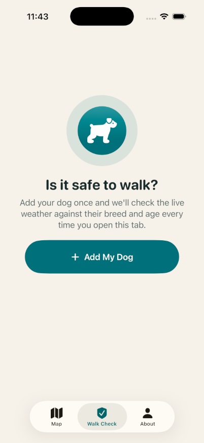 Walk Check screen asking to add your dog