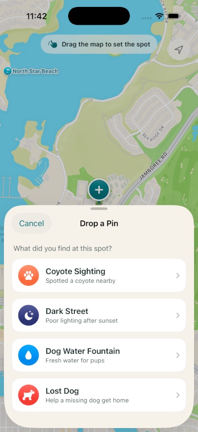 Drop a Pin screen listing the four pin types